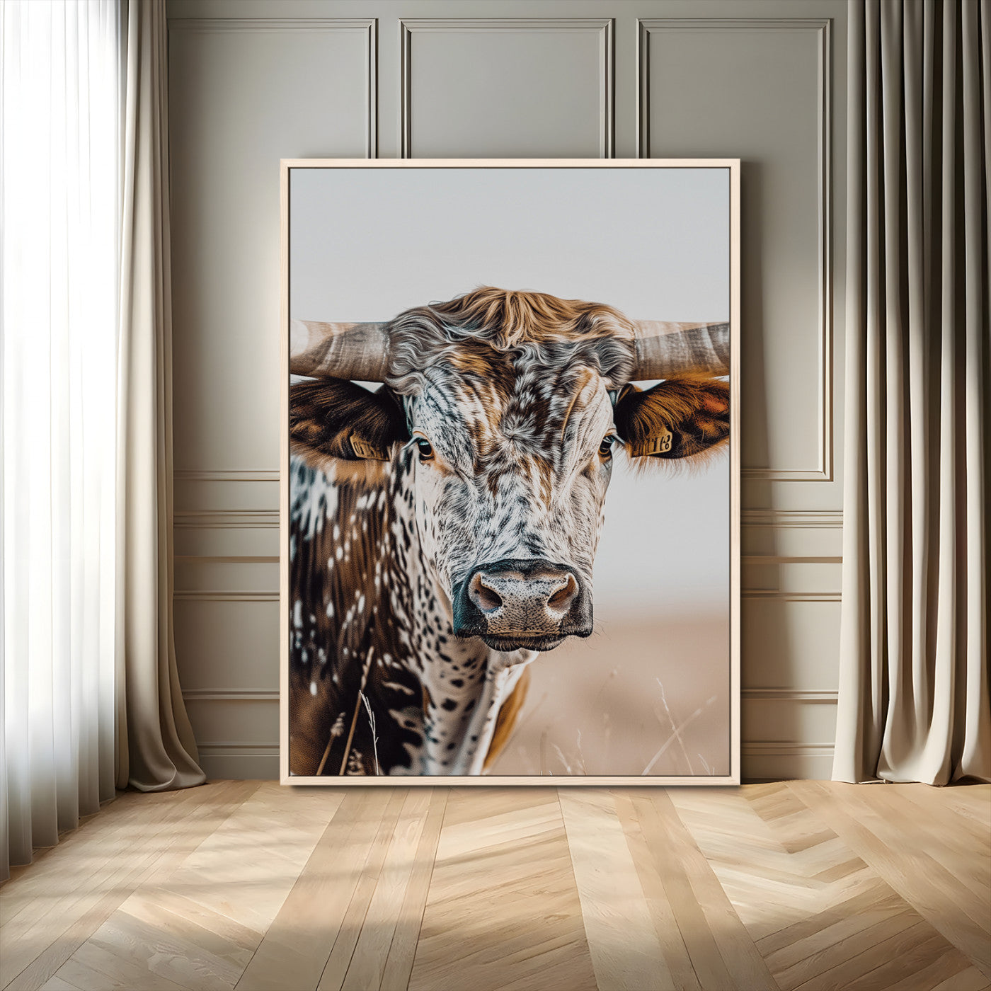 Canvas of a speckled Texas longhorn with wide curved horns and warm tones, perfect for rustic or country-style wall decor.