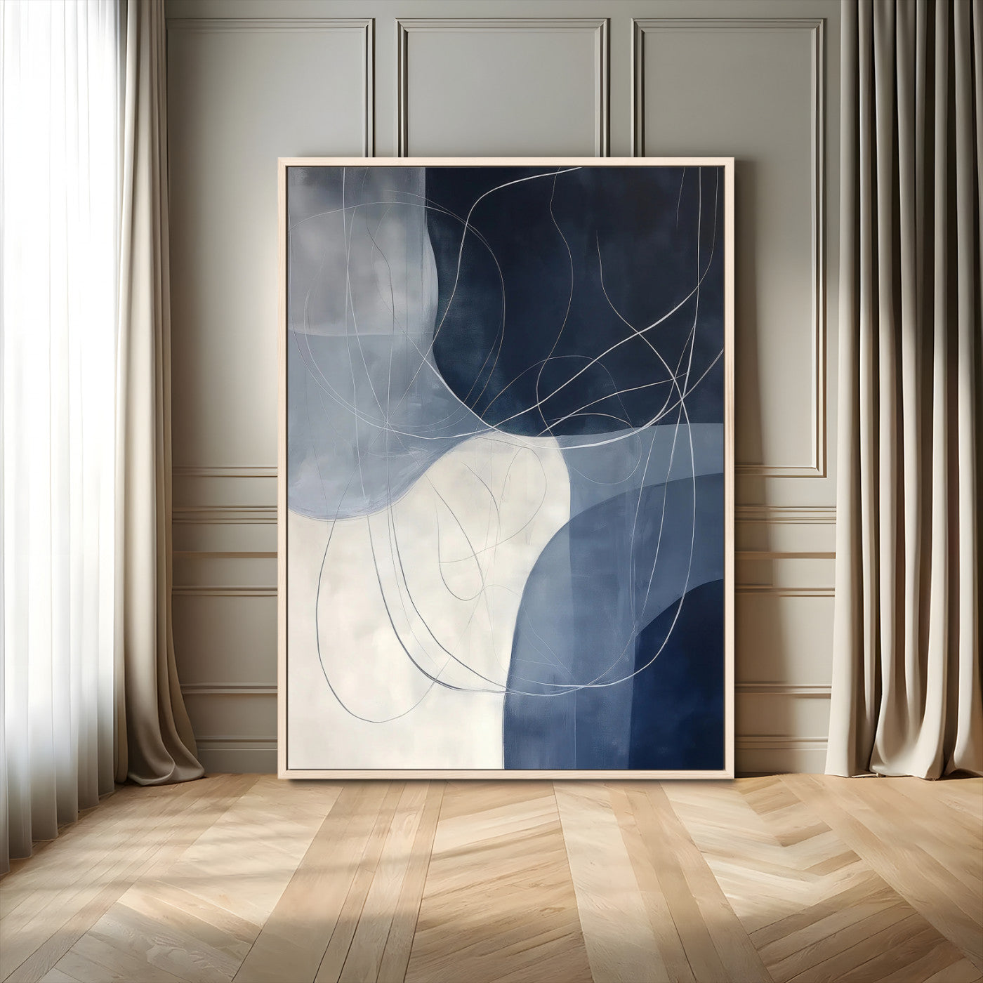 Contemporary abstract canvas with navy, grey, and white curved forms and fine line details, ideal for minimalist or modern interiors.