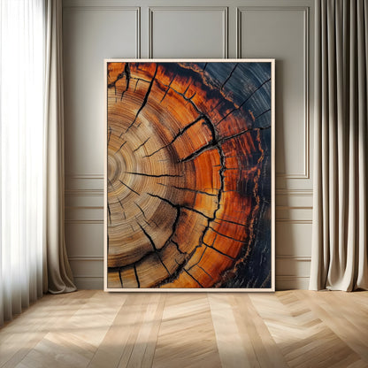 Framed canvas of burnt tree rings with rich wood texture and warm tones, ideal for rustic or earth-inspired interior decor.