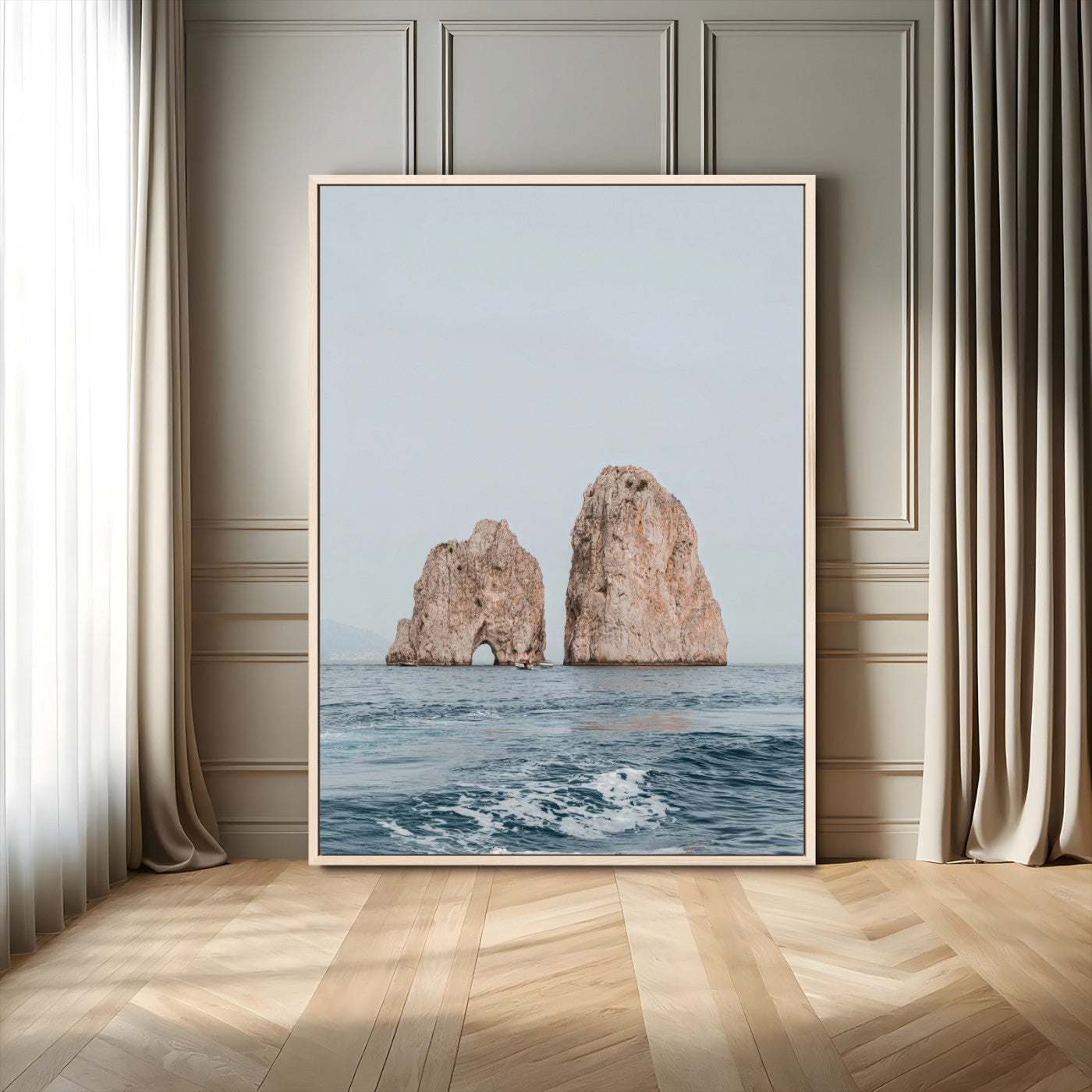 Serene photograph of the Faraglioni rocks in Capri with calm blue waters, perfect for Mediterranean coastal or minimalist travel-themed decor.