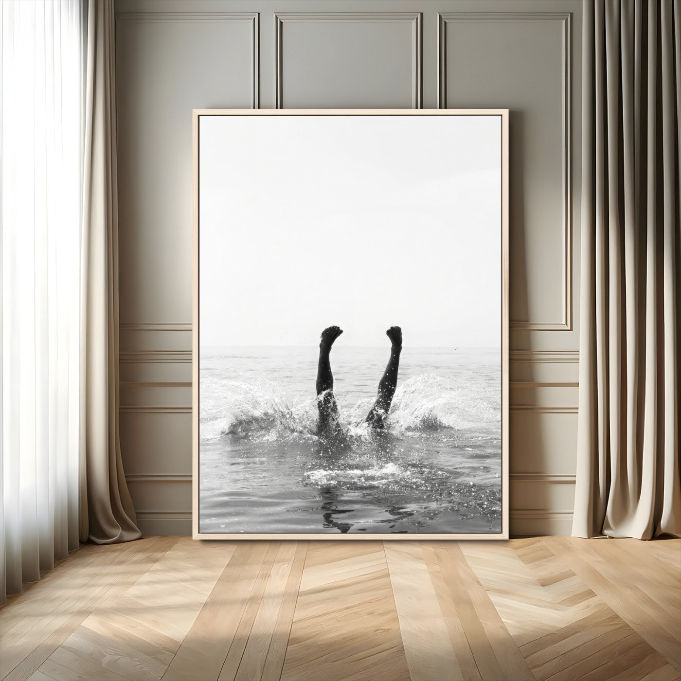 Black and white ocean art featuring a swimmer's legs mid-splash, perfect for minimalist, coastal, or monochrome modern interiors.