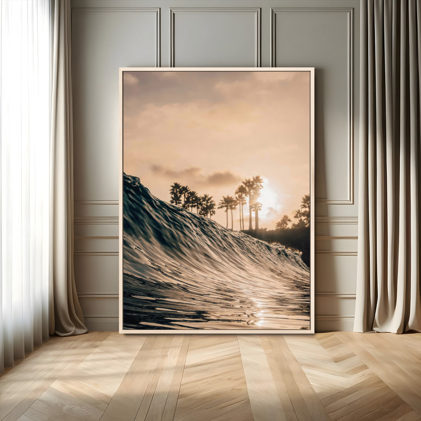 Golden sunset view of an ocean wave curling near palm trees, radiating warm tones perfect for coastal or tropical-themed decor.