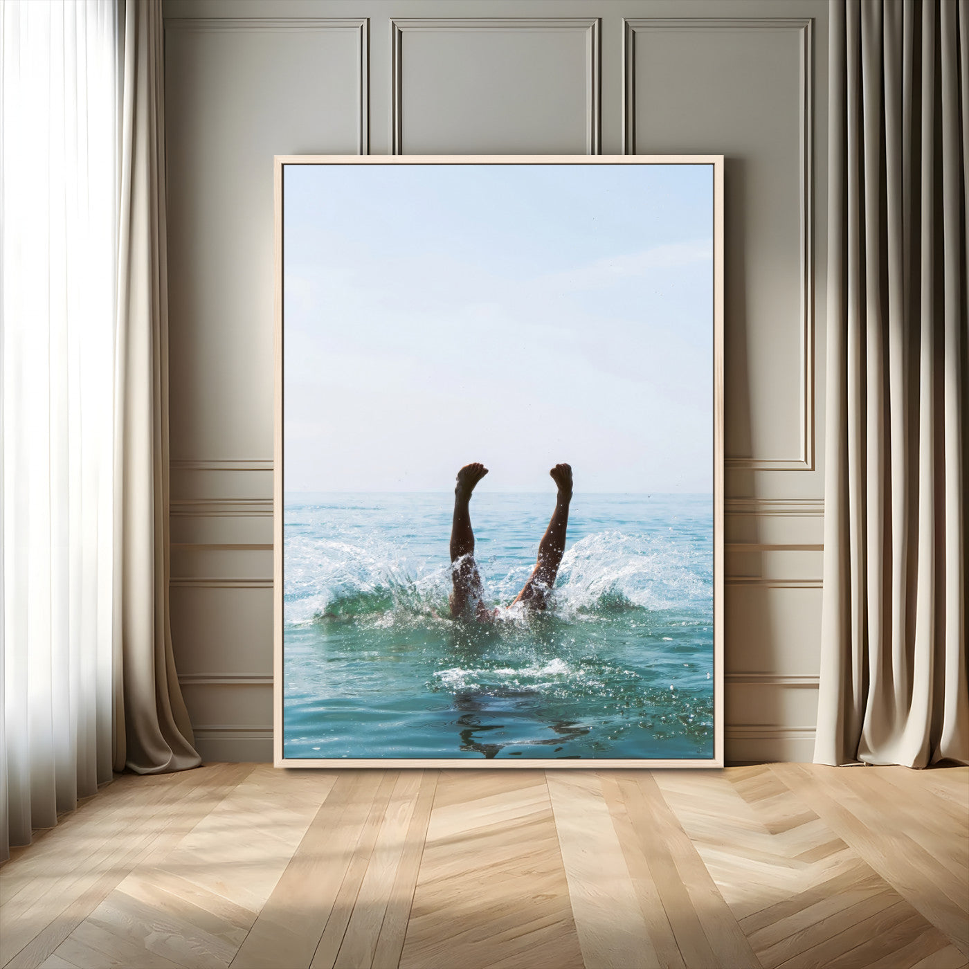 Vibrant ocean canvas of a playful diving splash, ideal for coastal or beach-themed interiors with a lively summer vibe.