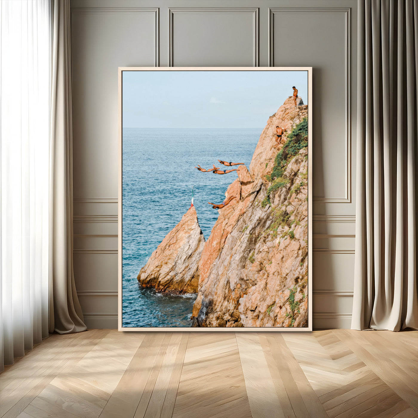 Canvas wall art capturing a bold cliff diving sequence into turquoise waters, perfect for vibrant and adventurous coastal or sporty interiors.