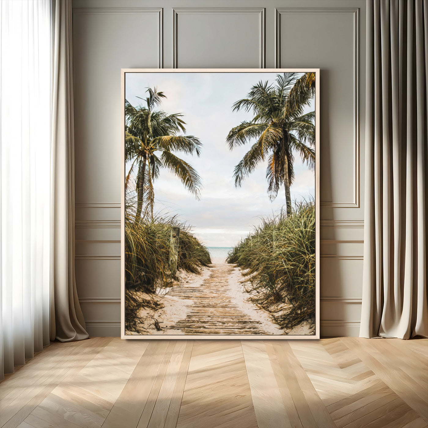 Canvas wall art of a tropical beach path with palm trees and dune grass, ideal for coastal entryways or tropical-inspired home decor.