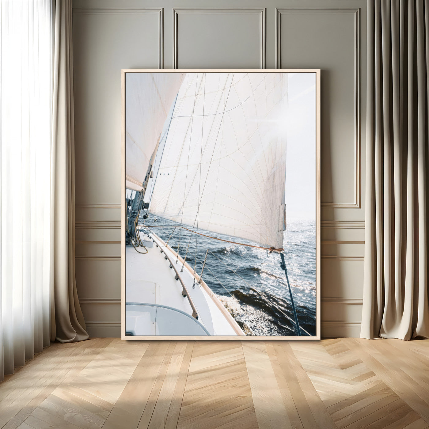 Canvas of a sailboat gliding on a sunlit ocean with white sails and sparkling water, ideal for coastal minimalist or nautical-style home decor.