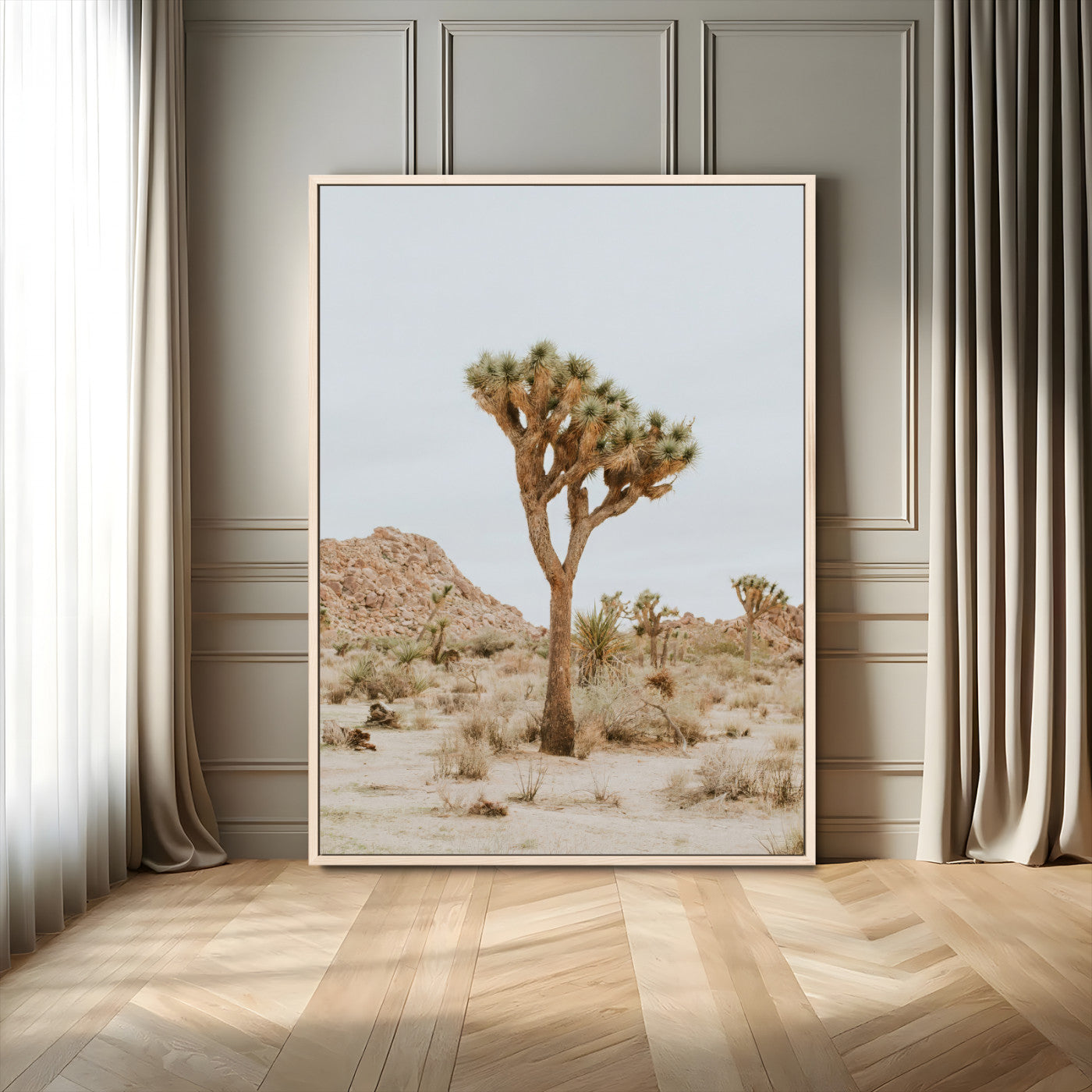 Canvas of a Joshua Tree in neutral desert tones under soft light, ideal for southwestern minimalist or rustic nature-inspired home decor.