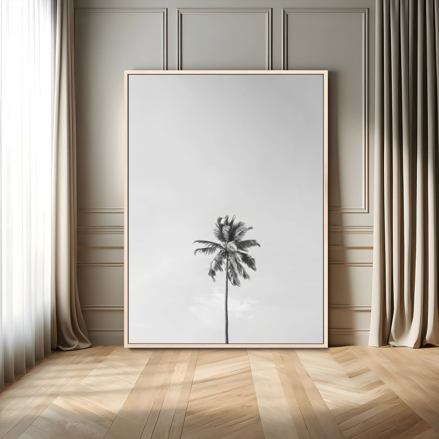 Canvas of a single palm tree in black and white with minimalist sky, ideal for modern coastal minimalist or tropical-inspired home decor.
