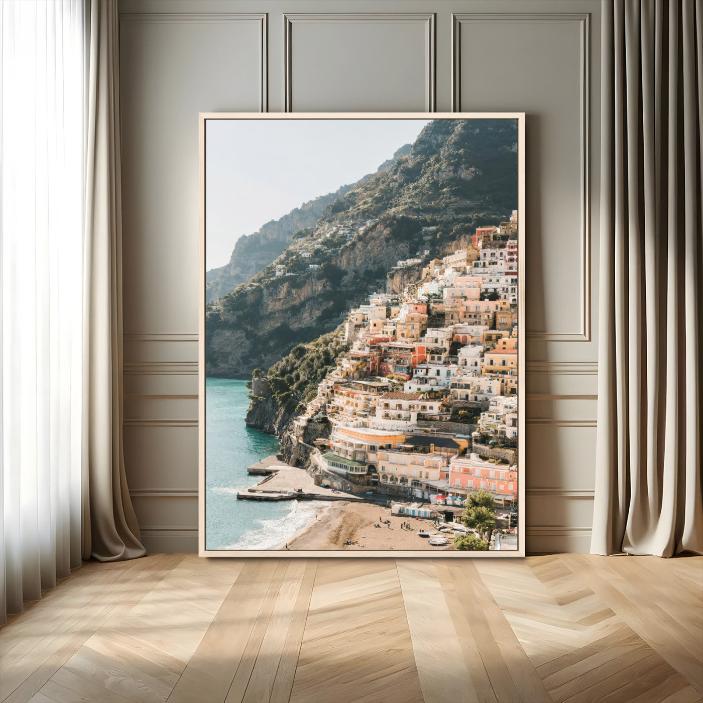Canvas of colorful cliffside homes in Positano along the Amalfi Coast with warm tones, perfect for Mediterranean coastal or European-inspired home decor.