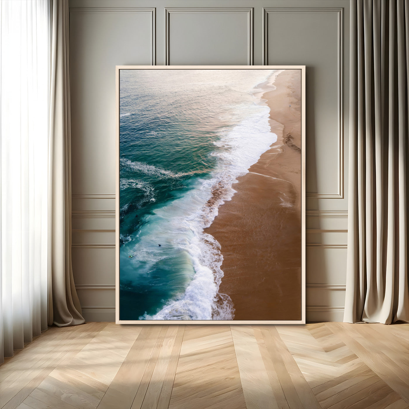 Canvas of a dreamy aerial beach scene with turquoise waves and soft sunset tones, ideal for modern coastal or minimalist home decor.