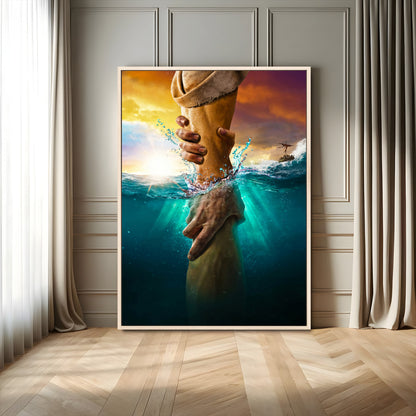 A dramatic scene of a hand reaching underwater and being lifted, symbolizing rescue and faith, ideal for spiritual or Christian wall decor.