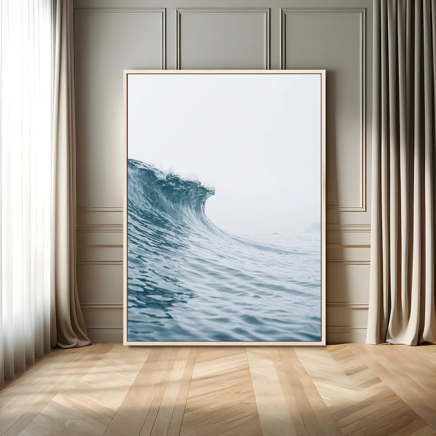 A single ocean wave curling in soft blue tones under a misty sky, ideal for coastal or minimalist home wall decor.