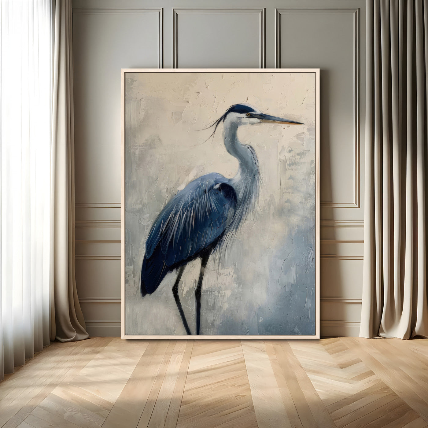 Blue heron standing gracefully on one leg, painted in soft neutrals and cool tones, perfect for modern coastal or nature-inspired decor.