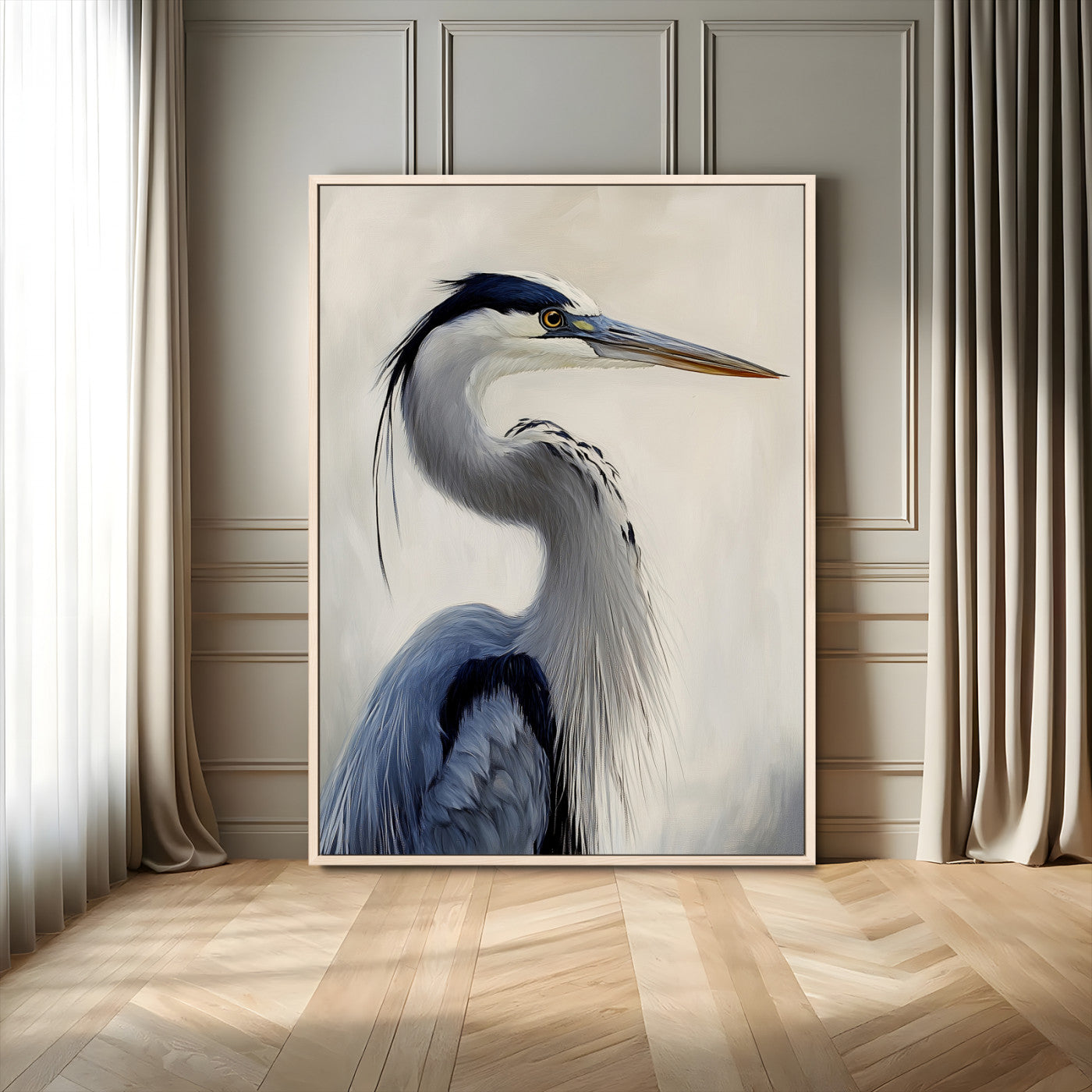 Elegant blue heron in profile with soft brush detail and neutral tones, ideal for nature-themed or coastal minimalist interiors.
