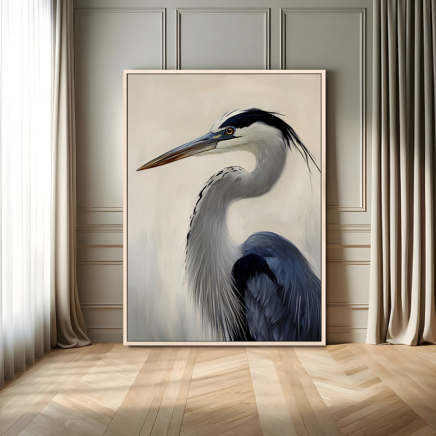 Single blue heron in profile with soft feathers and neutral tones, ideal for tranquil, coastal or nature-inspired interior settings.