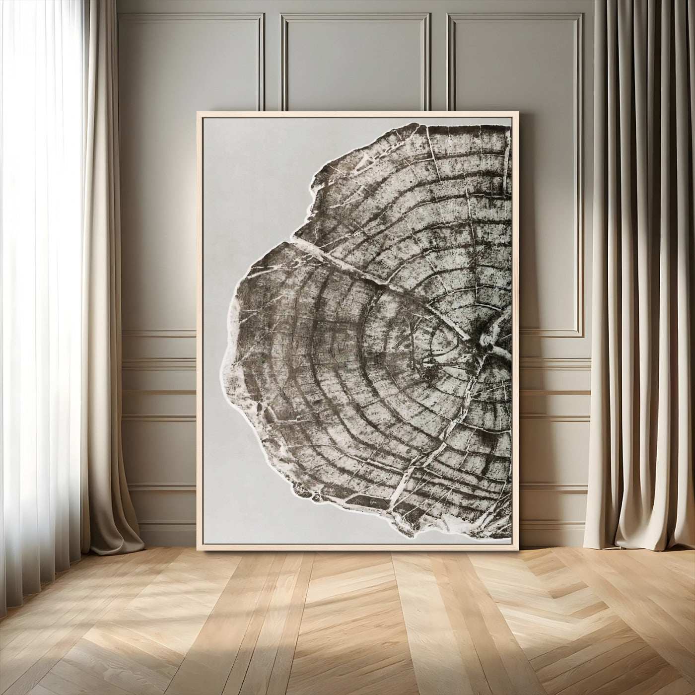 A close-up tree ring cross-section with neutral tones and organic texture, perfect for rustic, modern, or minimalist interior wall decor.
