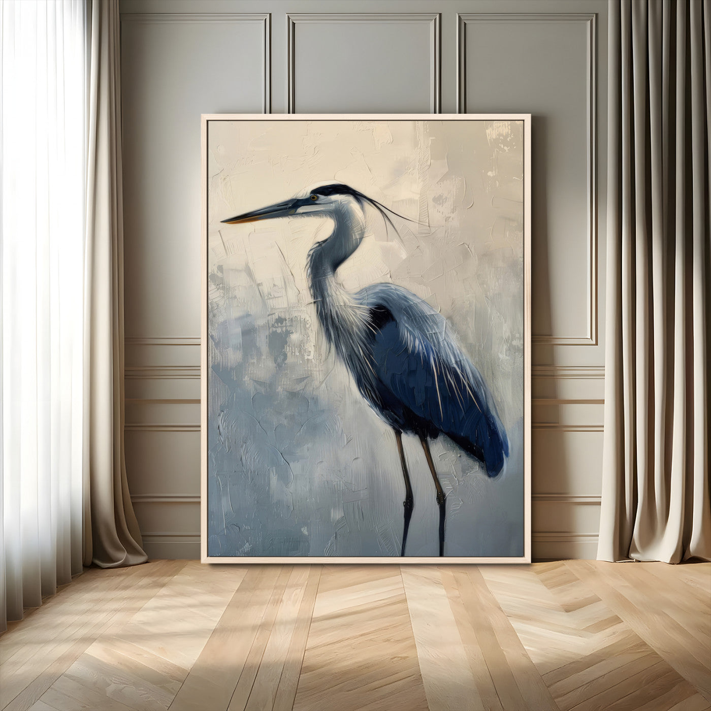 Elegant heron bird standing tall with soft brushstroke texture and muted tones, perfect for coastal or nature-themed home decor.