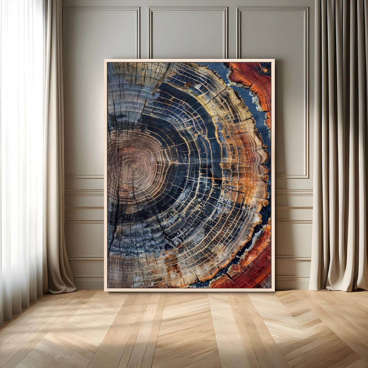 Close-up of a tree ring cross-section showing detailed growth rings in earthy tones, perfect for rustic or nature-inspired home decor.