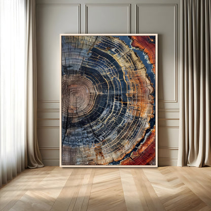Close-up of a tree ring cross-section showing detailed growth rings in earthy tones, perfect for rustic or nature-inspired home decor.