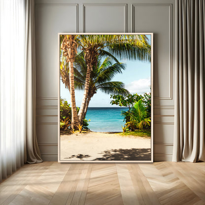 Tropical beach with palm trees, blue ocean, and clear sky, perfect for coastal or beach-themed wall decor in sunny living spaces.