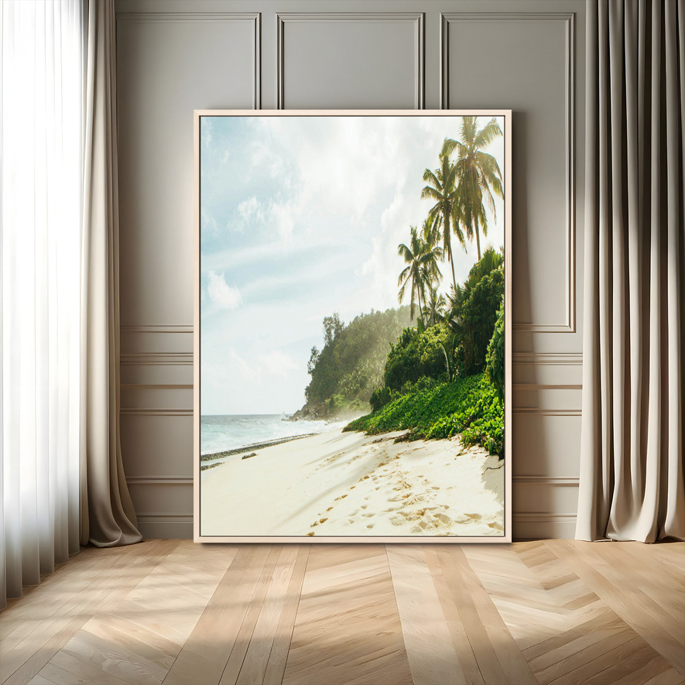 A tropical beach with palm trees, soft sand, and ocean waves under a bright sky, creating a peaceful and relaxing coastal view.