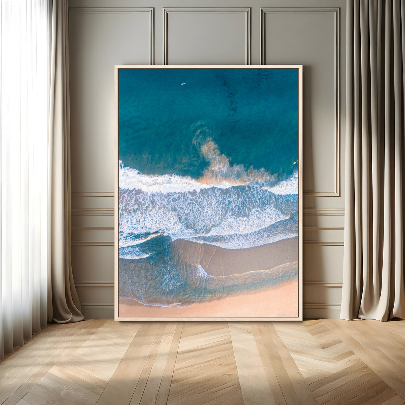 97740681-MGV-FC-24X36_Natural-Aerial Beach View Wall Art Canvas Print, Framed Ocean Waves Art Picture Print, Coastal Serenity Perfect Coastal Minimalist Decor Artwork