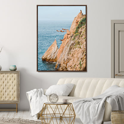 Canvas wall art capturing a bold cliff diving sequence into turquoise waters, perfect for vibrant and adventurous coastal or sporty interiors.