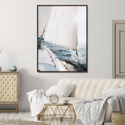 Canvas of a sailboat gliding on a sunlit ocean with white sails and sparkling water, ideal for coastal minimalist or nautical-style home decor.