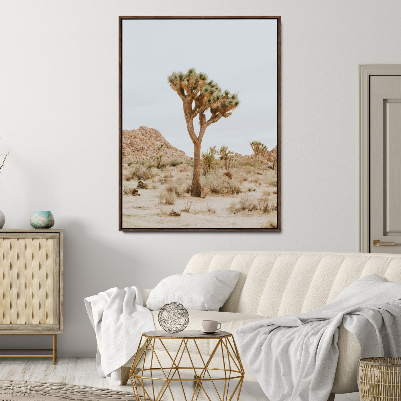 Canvas of a Joshua Tree in neutral desert tones under soft light, ideal for southwestern minimalist or rustic nature-inspired home decor.
