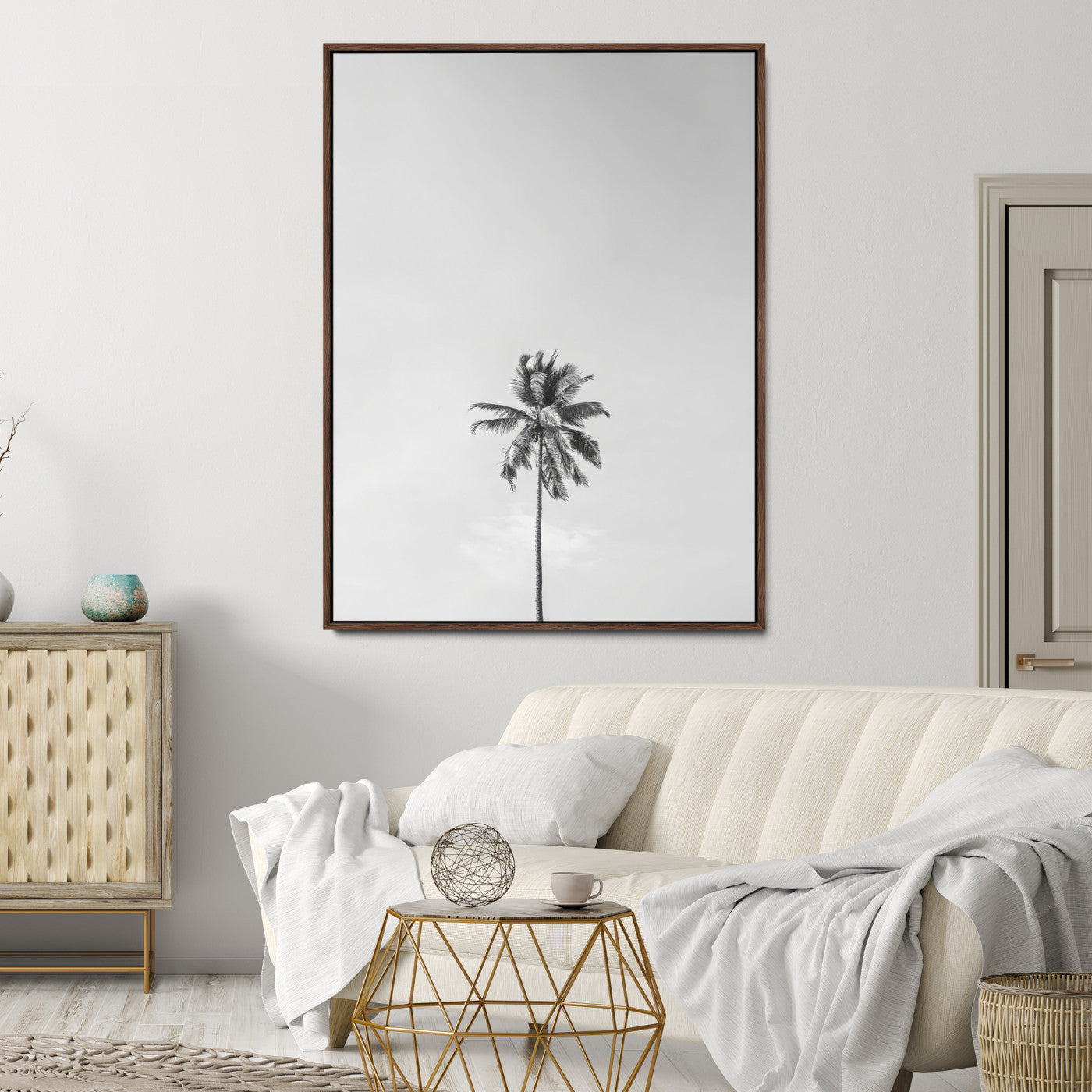 Canvas of a single palm tree in black and white with minimalist sky, ideal for modern coastal minimalist or tropical-inspired home decor.
