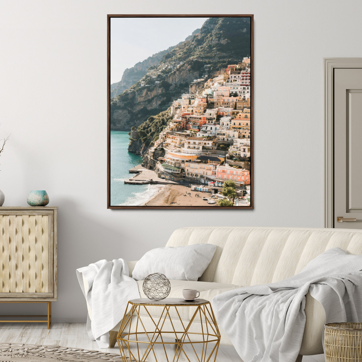 Canvas of colorful cliffside homes in Positano along the Amalfi Coast with warm tones, perfect for Mediterranean coastal or European-inspired home decor.