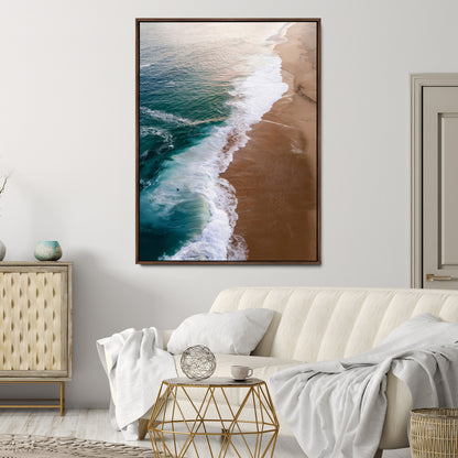 Canvas of a dreamy aerial beach scene with turquoise waves and soft sunset tones, ideal for modern coastal or minimalist home decor.