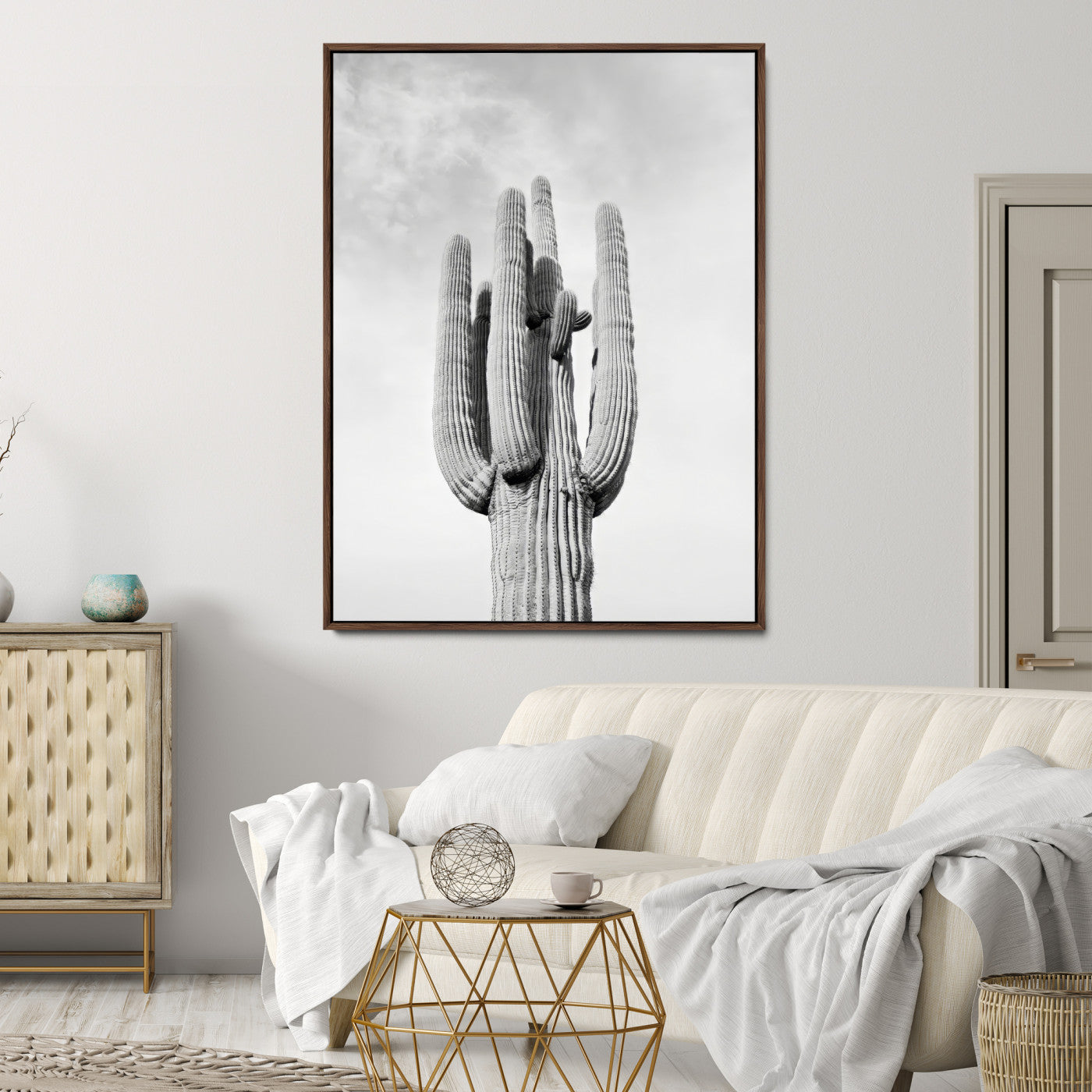 Canvas of a tall saguaro cactus in black and white with moody tones, perfect for southwestern minimalist or modern desert-themed home decor.
