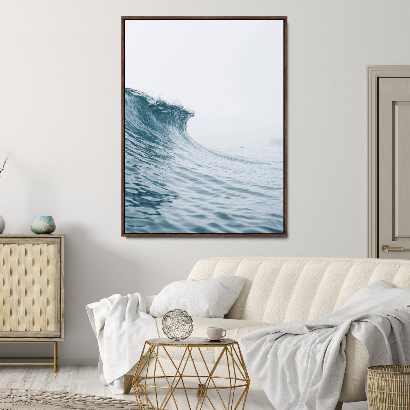 A single ocean wave curling in soft blue tones under a misty sky, ideal for coastal or minimalist home wall decor.