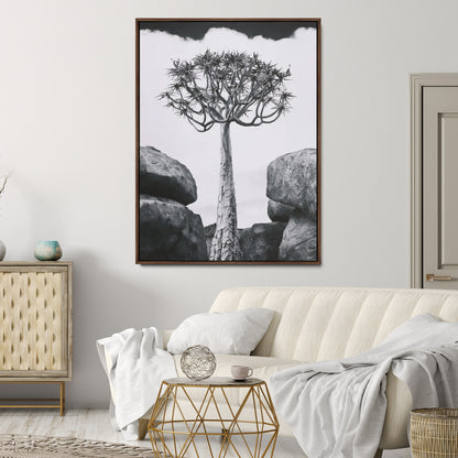 Tall desert tree in black and white, standing between large rocks, perfect for bold and minimalist nature-themed interior spaces.