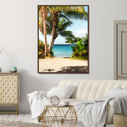 Tropical beach with palm trees, blue ocean, and clear sky, perfect for coastal or beach-themed wall decor in sunny living spaces.