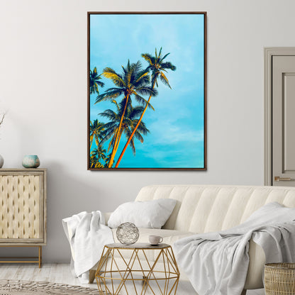 "Tall palm trees with golden sunlight against a vibrant blue sky, creating a tropical, relaxing atmosphere for coastal and beach-themed decor.