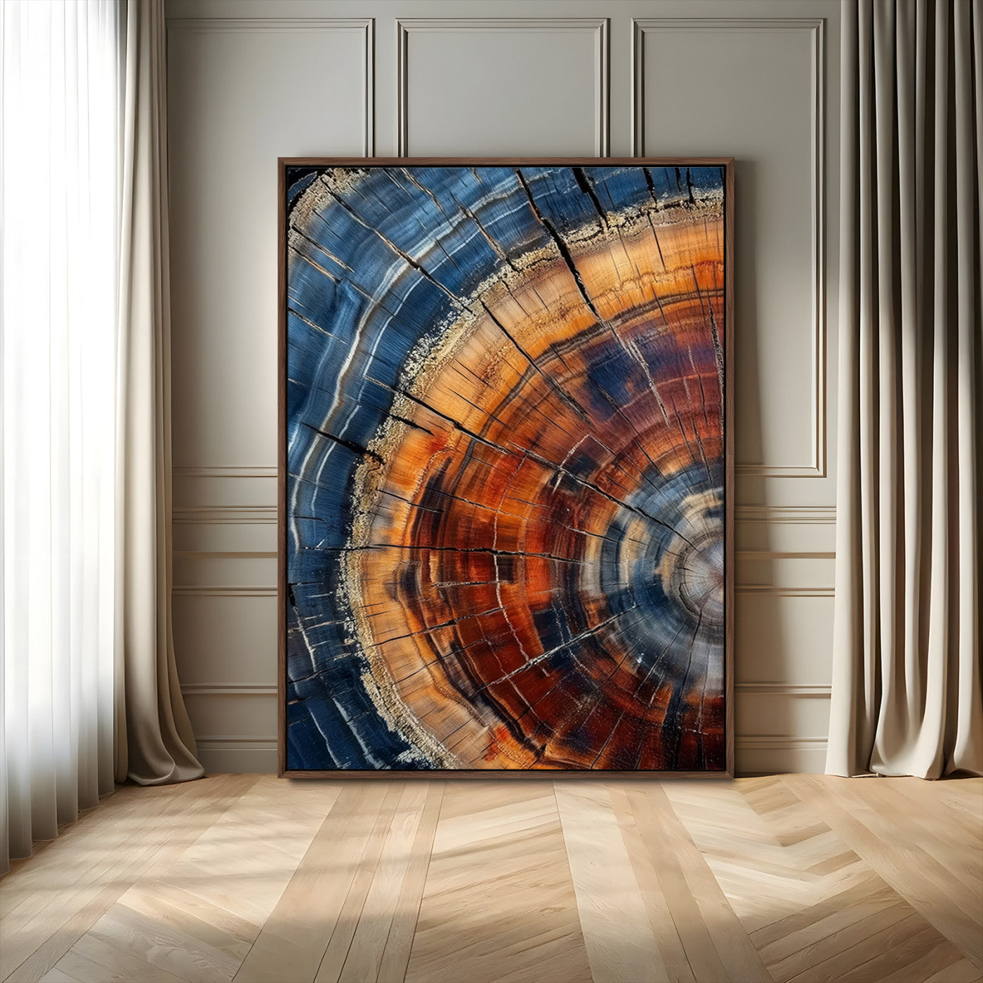 Canvas of colorful tree rings in rich blue and warm orange hues with cracked natural texture, ideal for rustic or earthy decor styles.