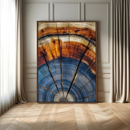 Canvas of a tree ring with bold blue and orange hues and cracked radial lines, ideal for rustic or earthy modern interiors.