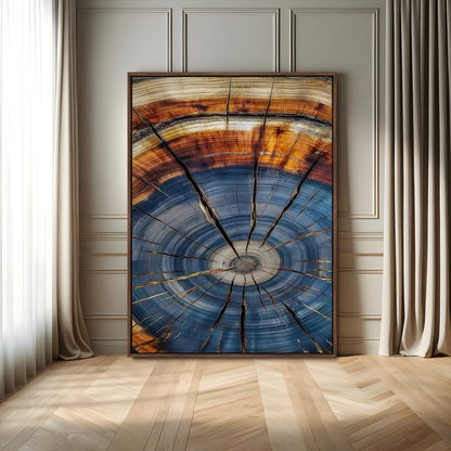 Canvas of a tree ring with bold blue and orange hues and cracked radial lines, ideal for rustic or earthy modern interiors.