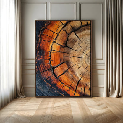 Canvas of a cracked tree ring with warm burnt orange tones and dark edges, ideal for rustic or earthy home decor themes.
