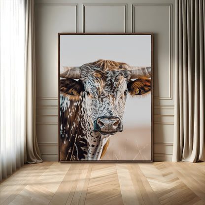 Canvas of a speckled Texas longhorn with wide curved horns and warm tones, perfect for rustic or country-style wall decor.