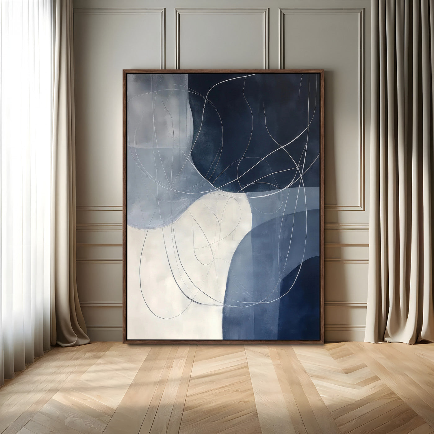 Contemporary abstract canvas with navy, grey, and white curved forms and fine line details, ideal for minimalist or modern interiors.