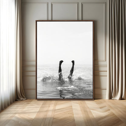 Black and white ocean art featuring a swimmer's legs mid-splash, perfect for minimalist, coastal, or monochrome modern interiors.