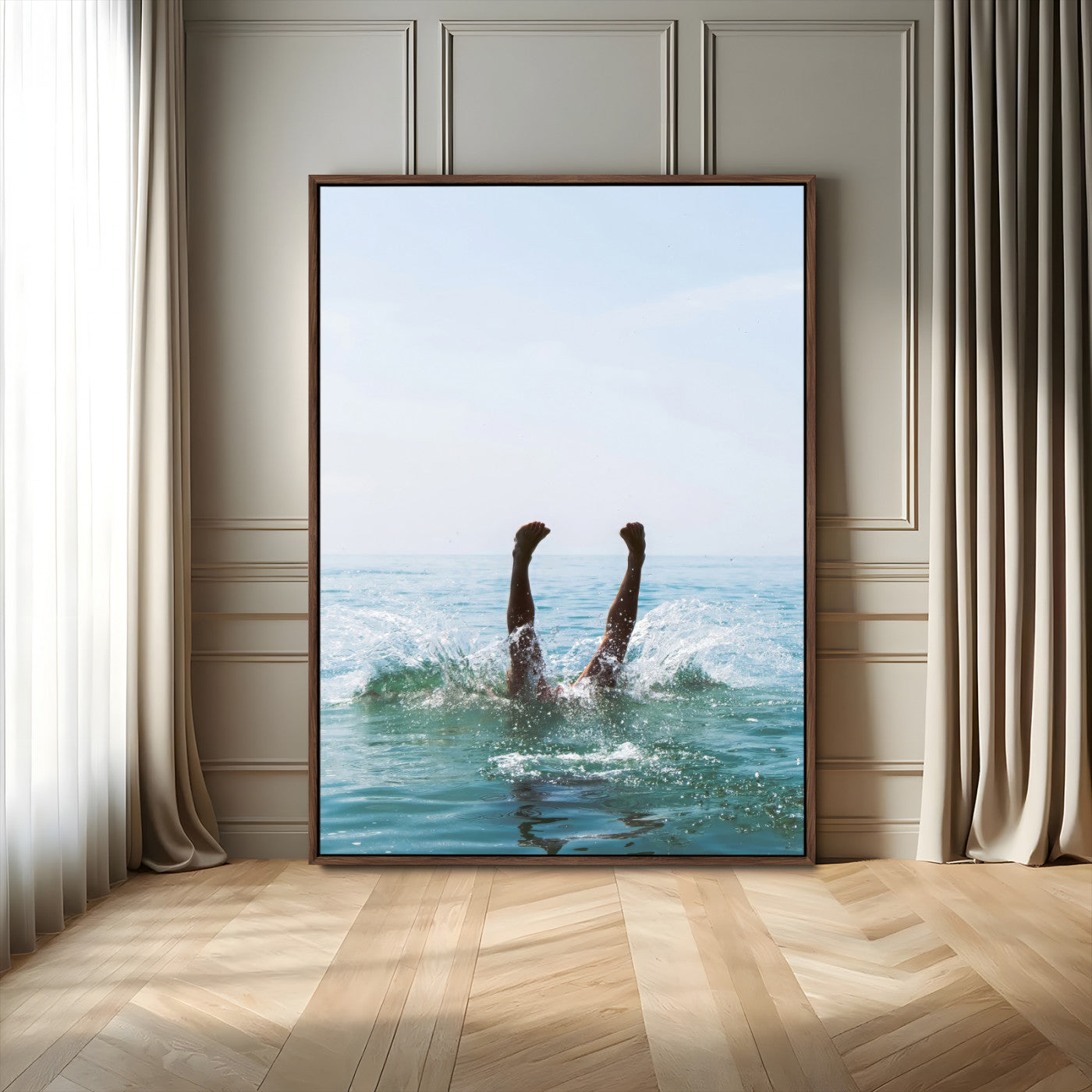 Vibrant ocean canvas of a playful diving splash, ideal for coastal or beach-themed interiors with a lively summer vibe.