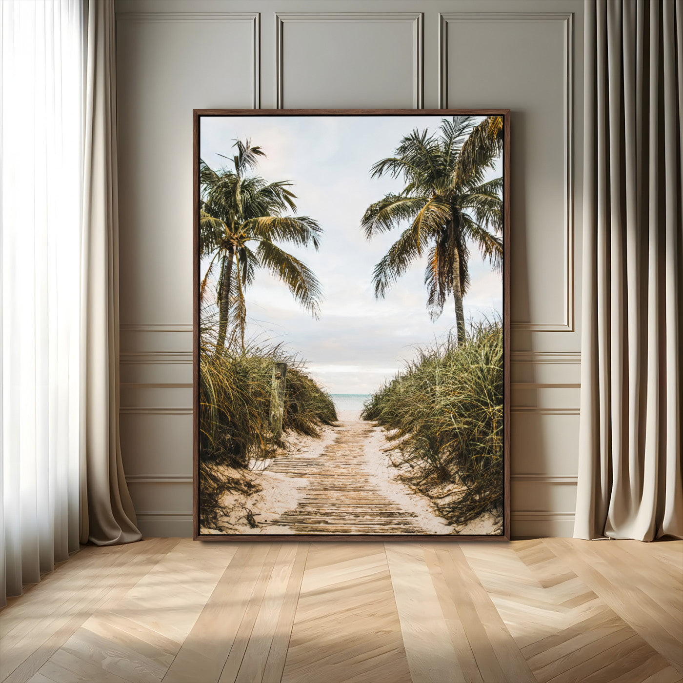 Canvas wall art of a tropical beach path with palm trees and dune grass, ideal for coastal entryways or tropical-inspired home decor.
