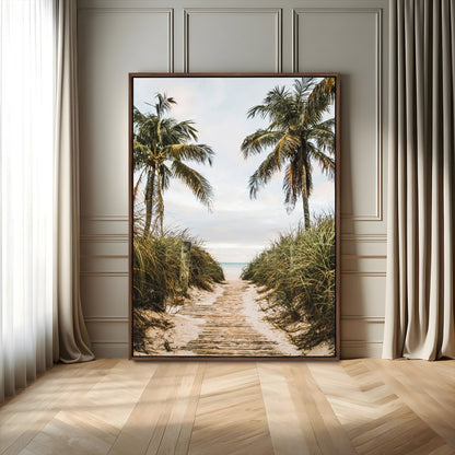 Canvas wall art of a tropical beach path with palm trees and dune grass, ideal for coastal entryways or tropical-inspired home decor.