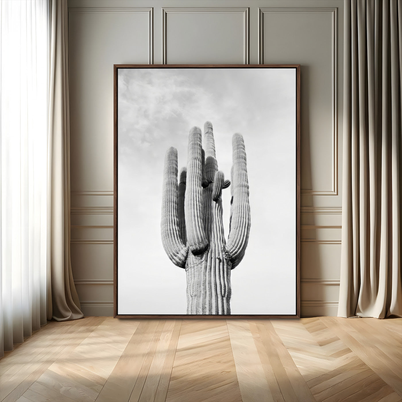 Canvas of a tall saguaro cactus in black and white with moody tones, perfect for southwestern minimalist or modern desert-themed home decor.