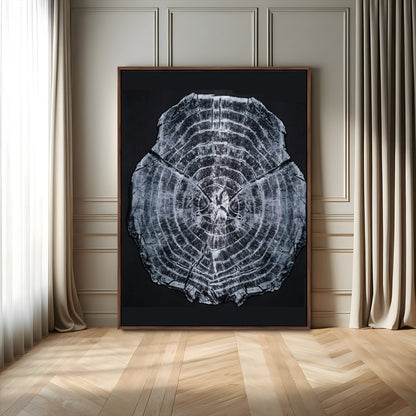 Monochrome tree ring cross-section on black background, showing detailed growth lines, perfect for modern rustic or minimalist interiors. (