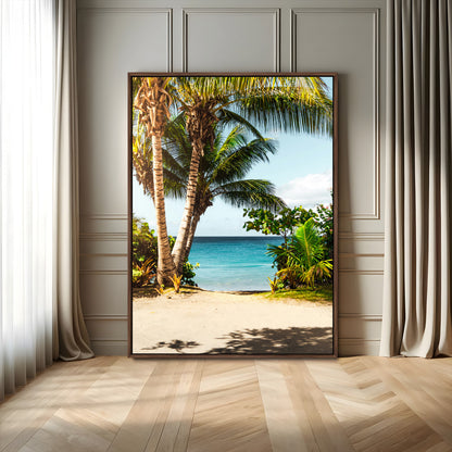 Tropical beach with palm trees, blue ocean, and clear sky, perfect for coastal or beach-themed wall decor in sunny living spaces.